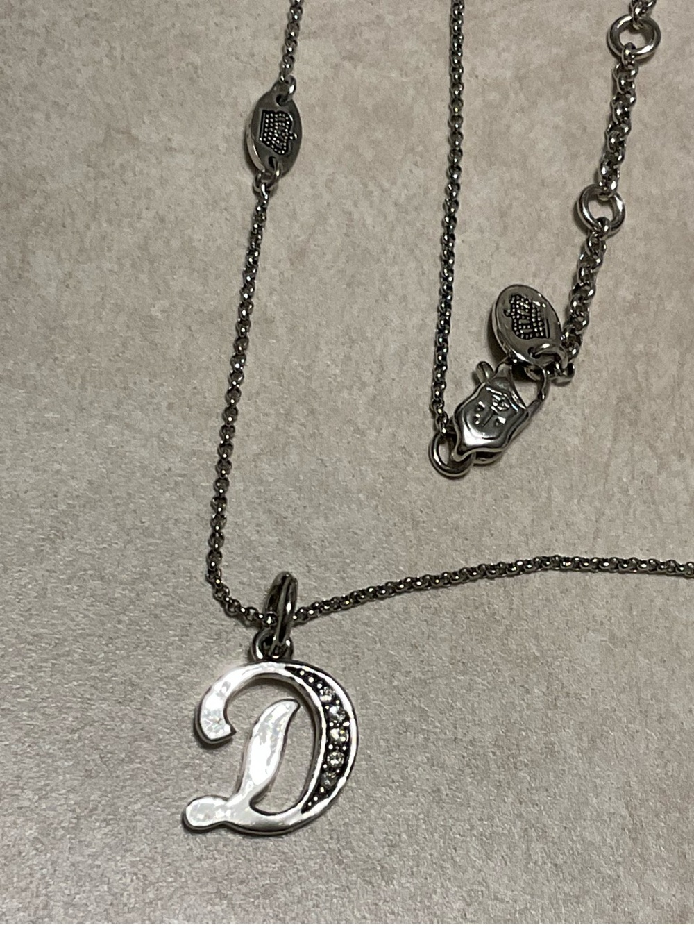 Y2K Juicy Couture Silver Toned Necklace with letter D pendant, rhinestones, EUC